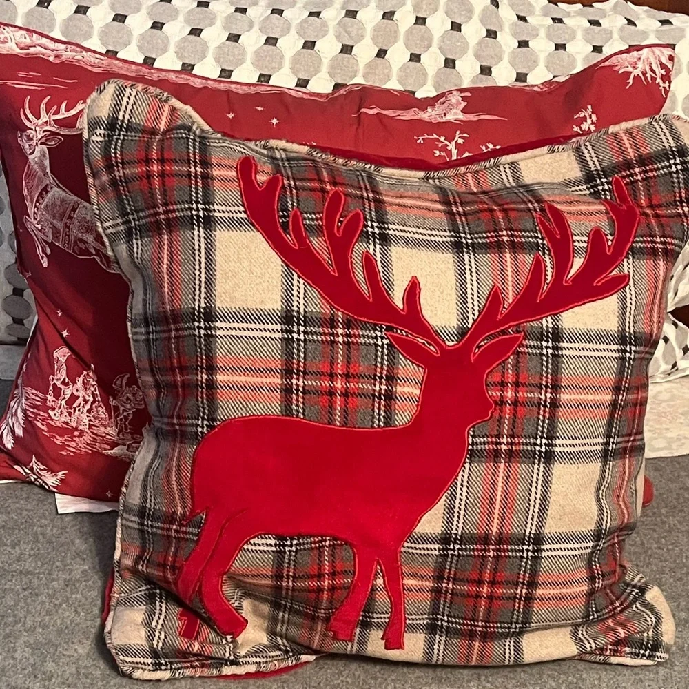 Wool plaid accent holiday red velvet reindeer reversible 20” throw pillow cover